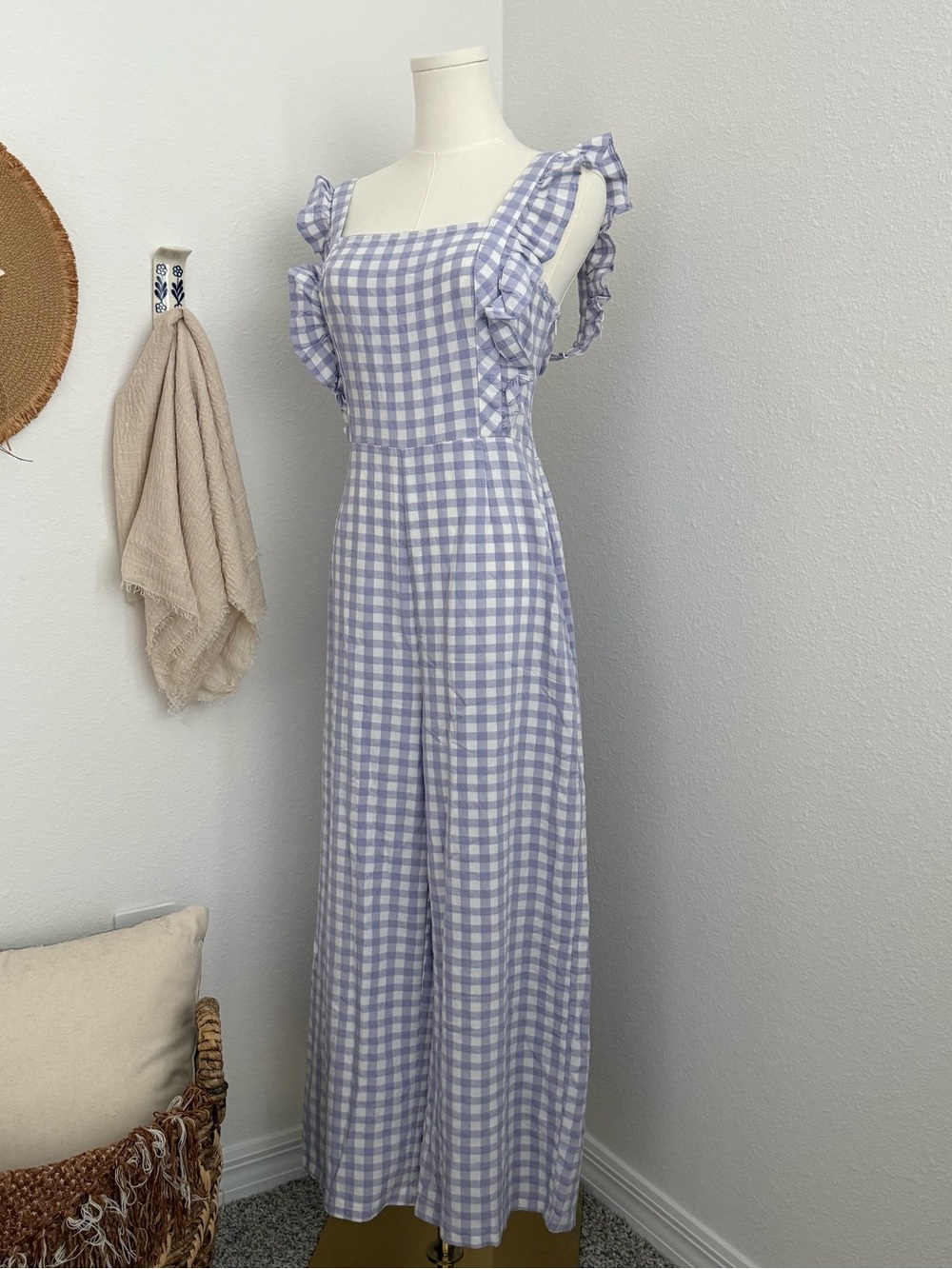 Urban Outfitters Lavender Gingham Ruffle Strap Wide Leg Jumpsuit L